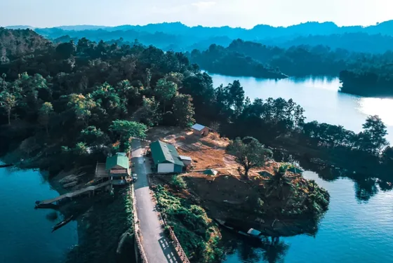 Aerial view of forested islands on Kaptai Lake